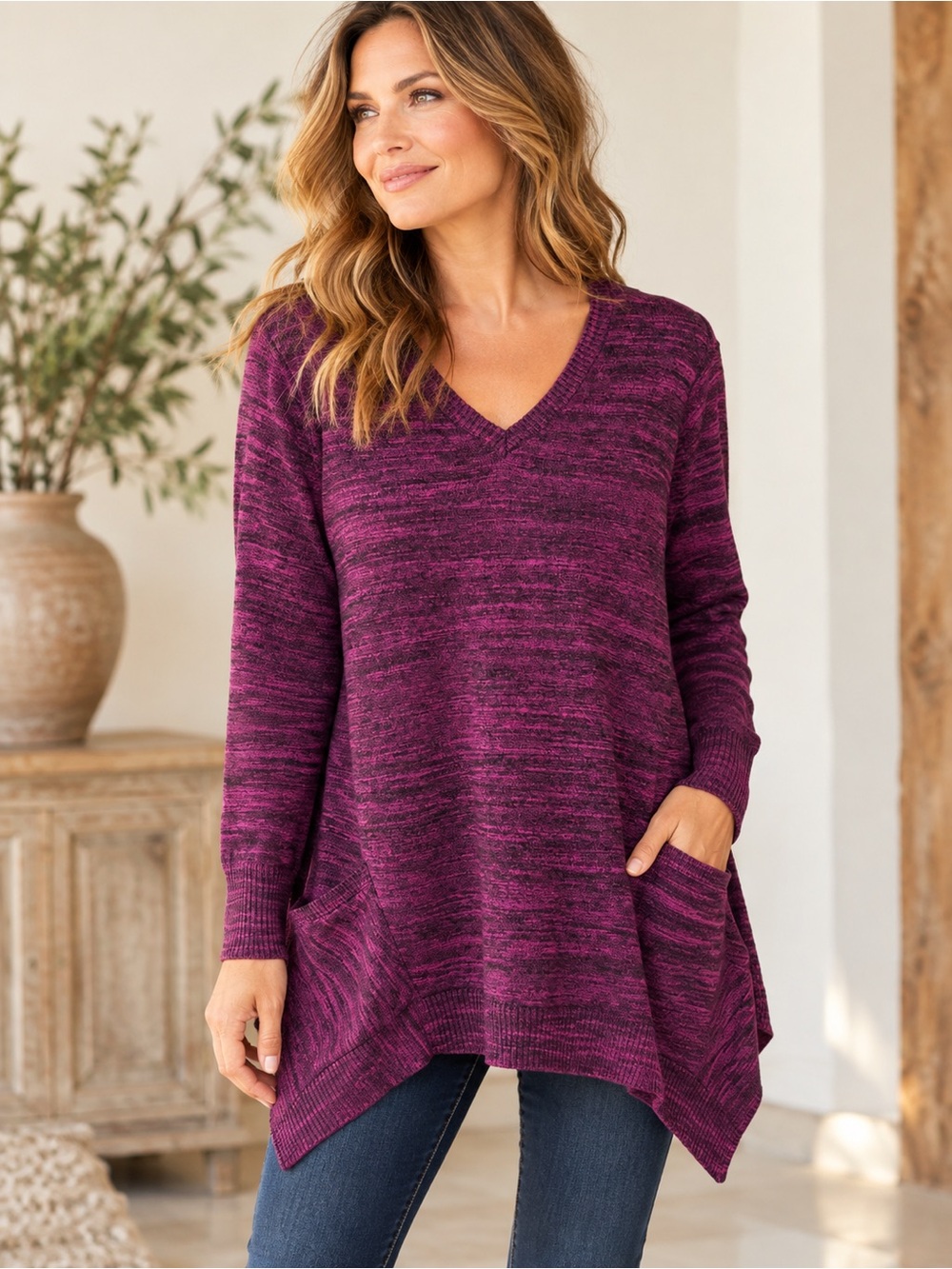 LOGO Cashmere-Blend Purple Heather Sharkbite Tunic Sweater SIZE LARGE
